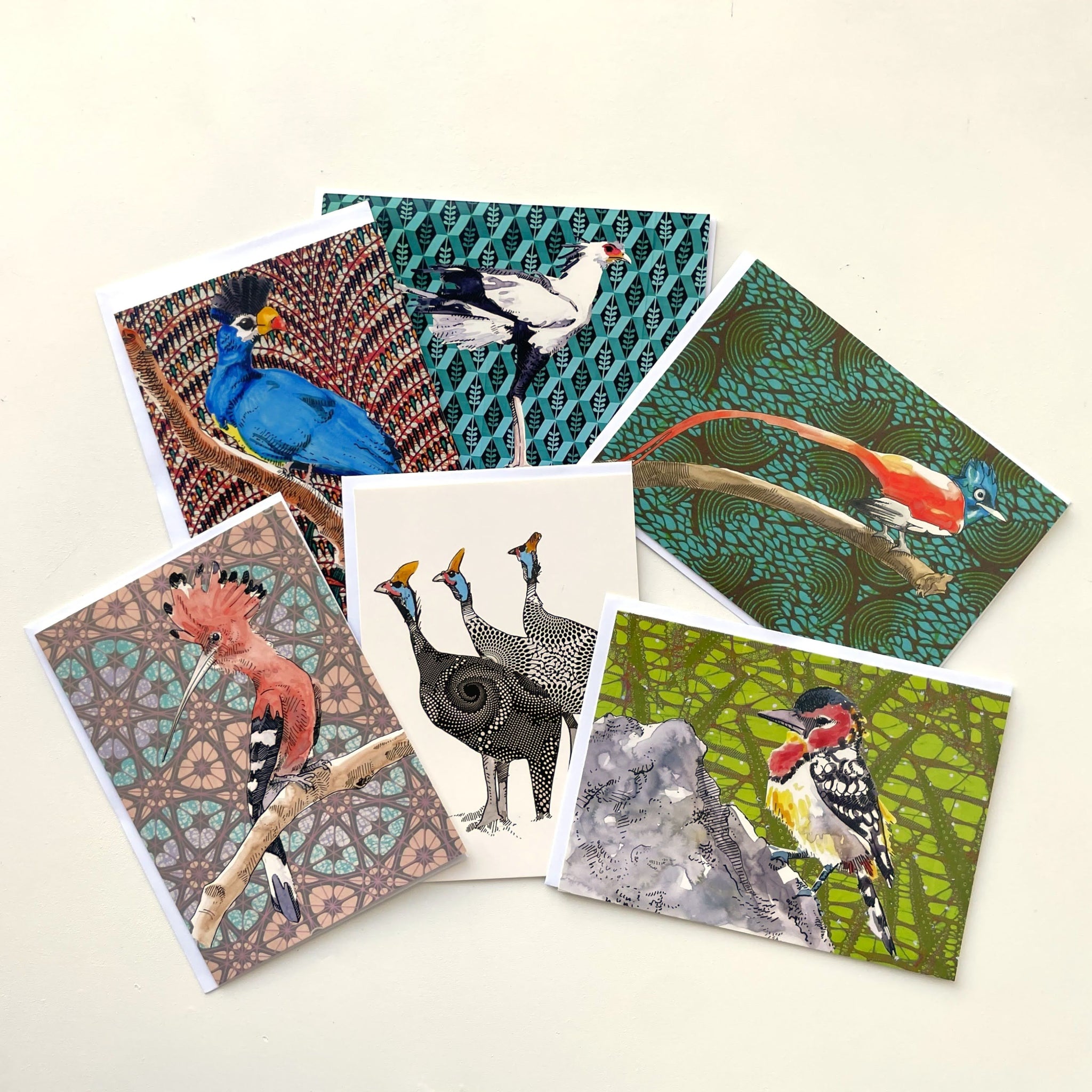 Set of six greeting cards with bird illustrations on a white background