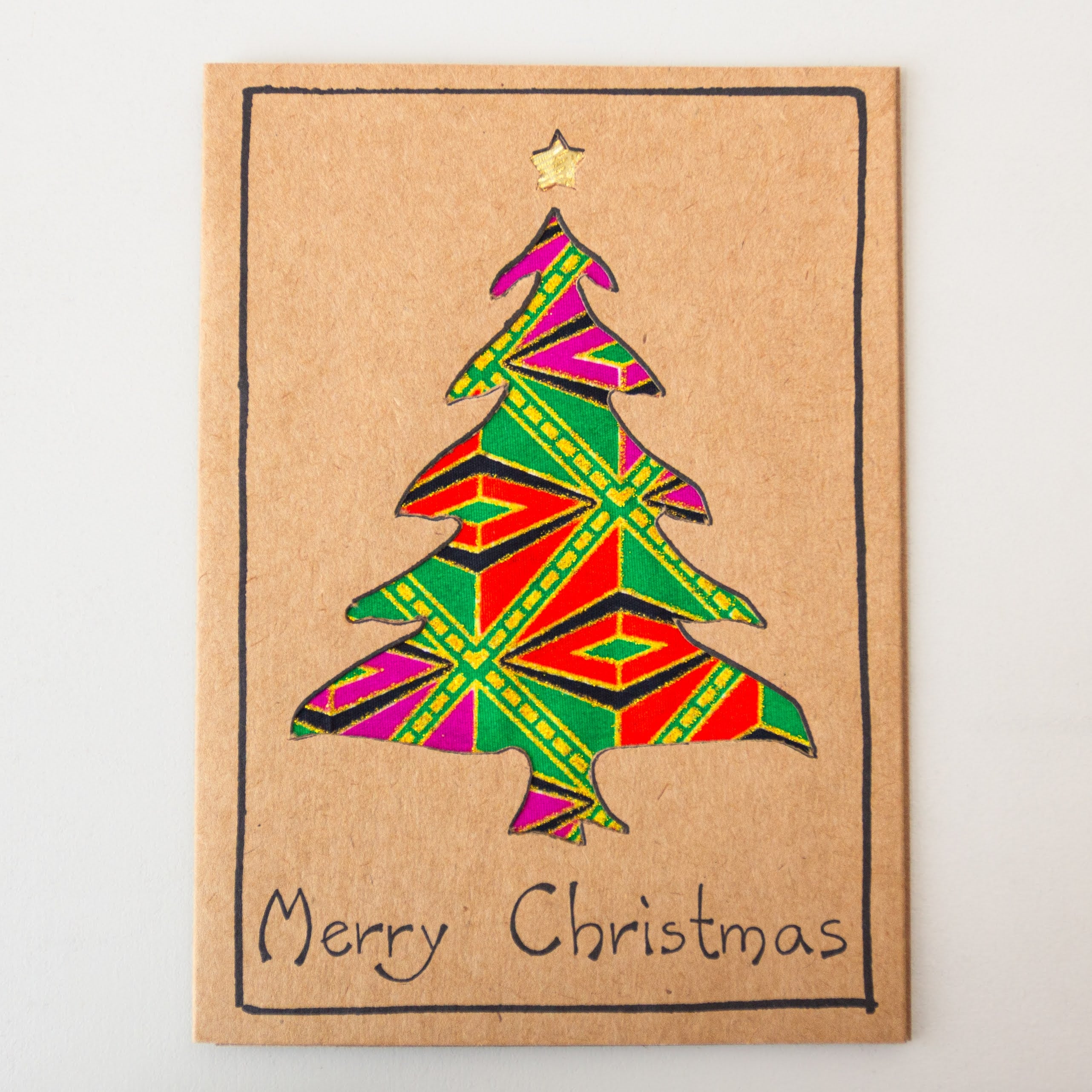 Christmas Tree Card - hand made with kitenge by craftsmen in Kenya