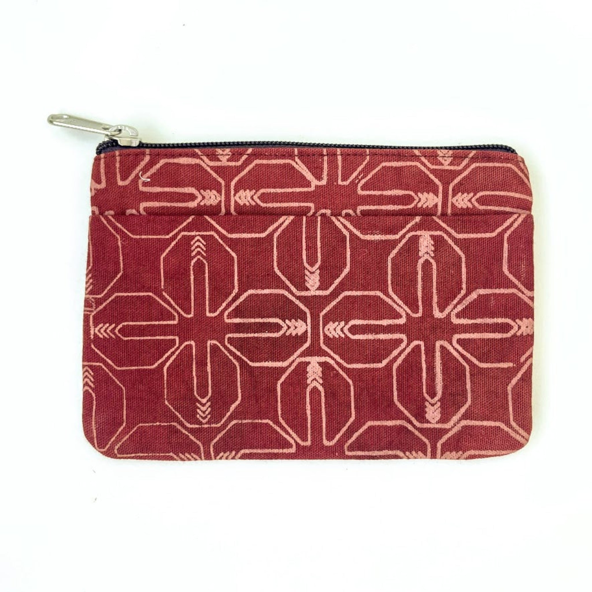 Red pouch with geometric pattern on a white background