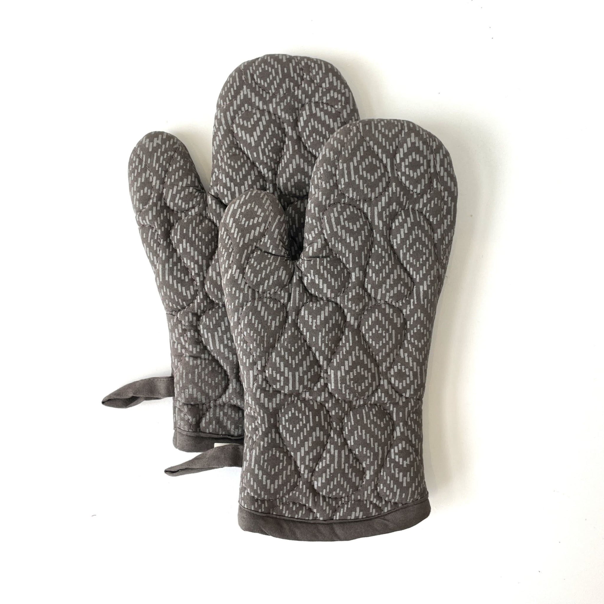 Pair of gray patterned oven mitts on a white background