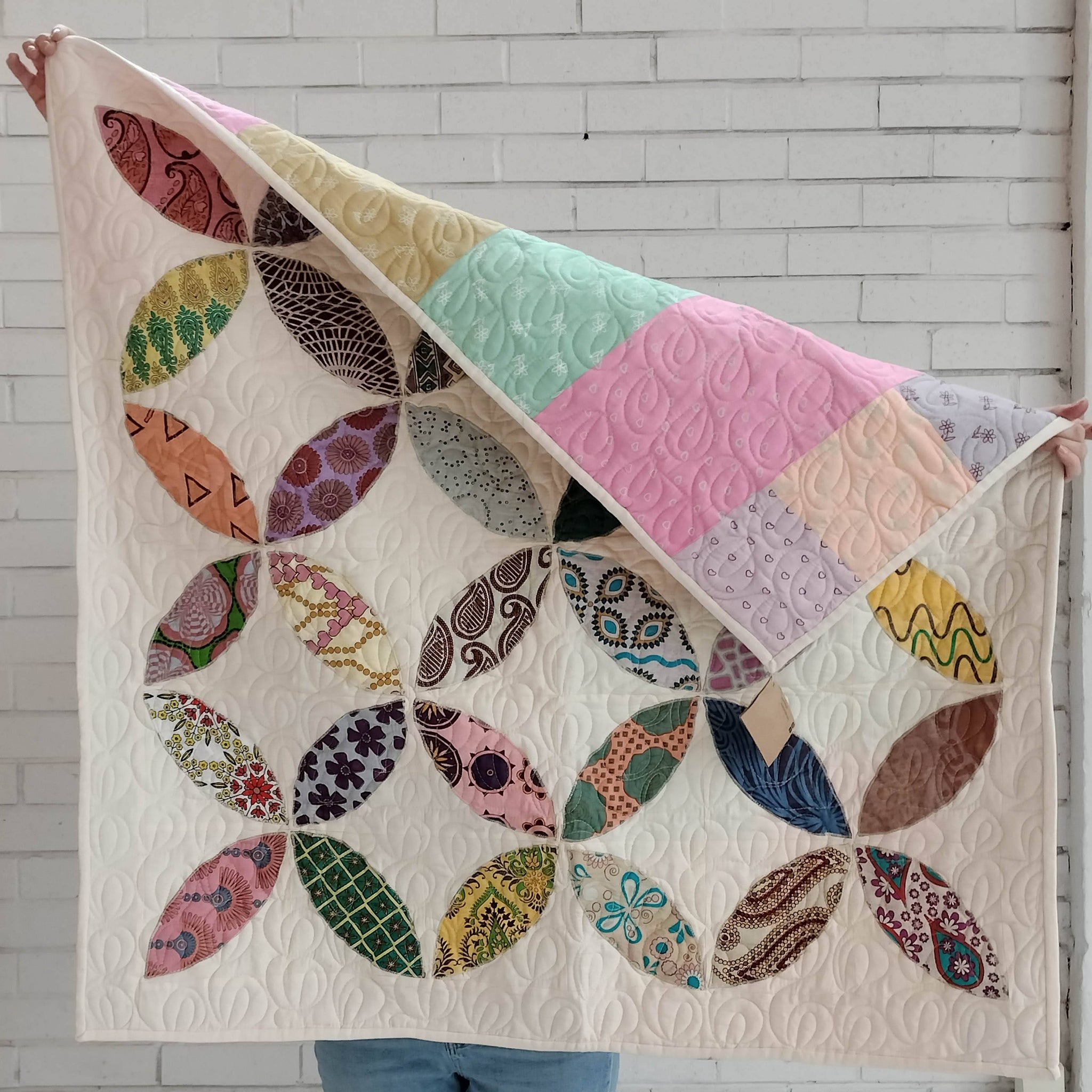 Petals Baby Quilt-Hand stitched, hand dyed fabrics pieced together for a fair-trade social enterprise