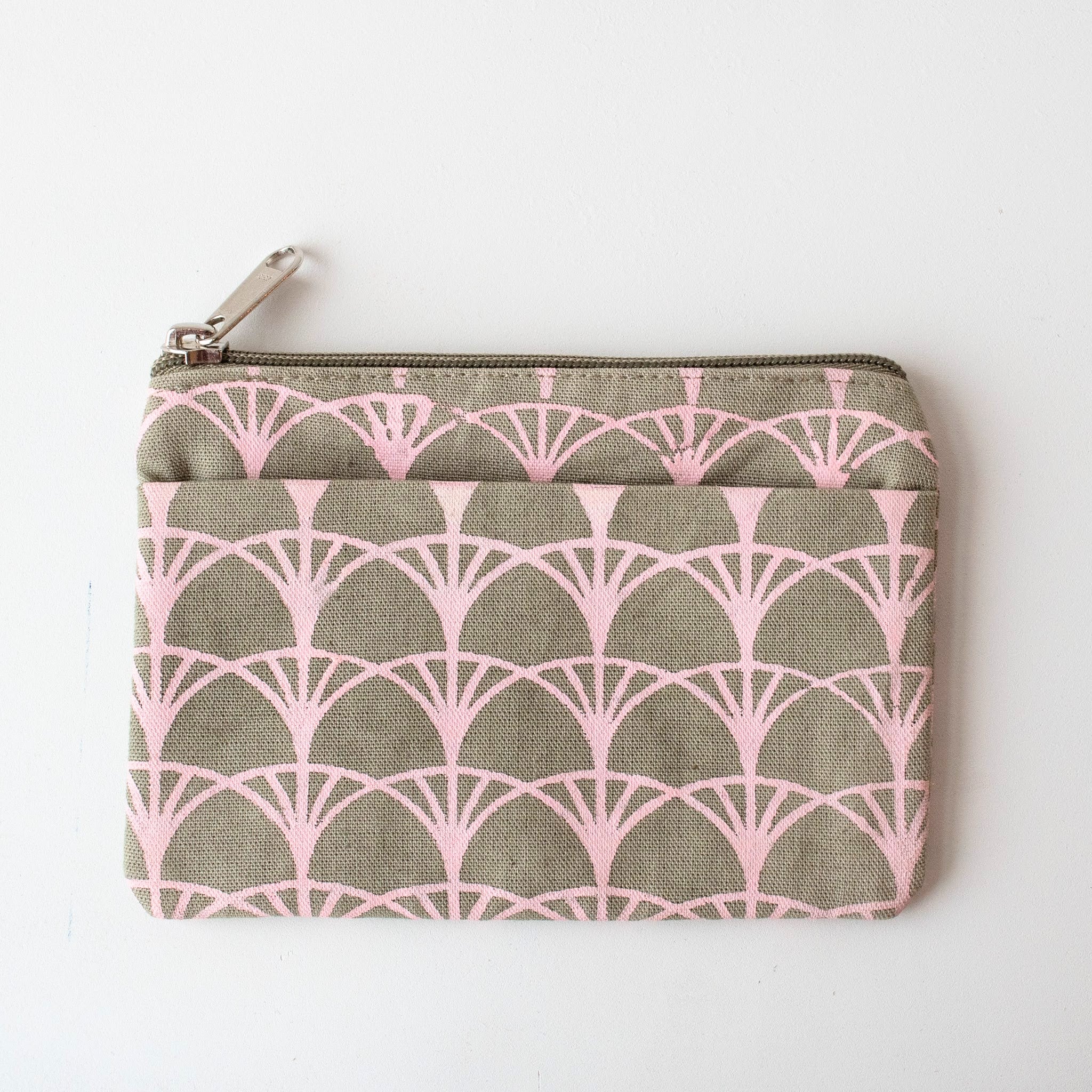 Sage grey coin purse with pink fan pattern displayed on a white background.