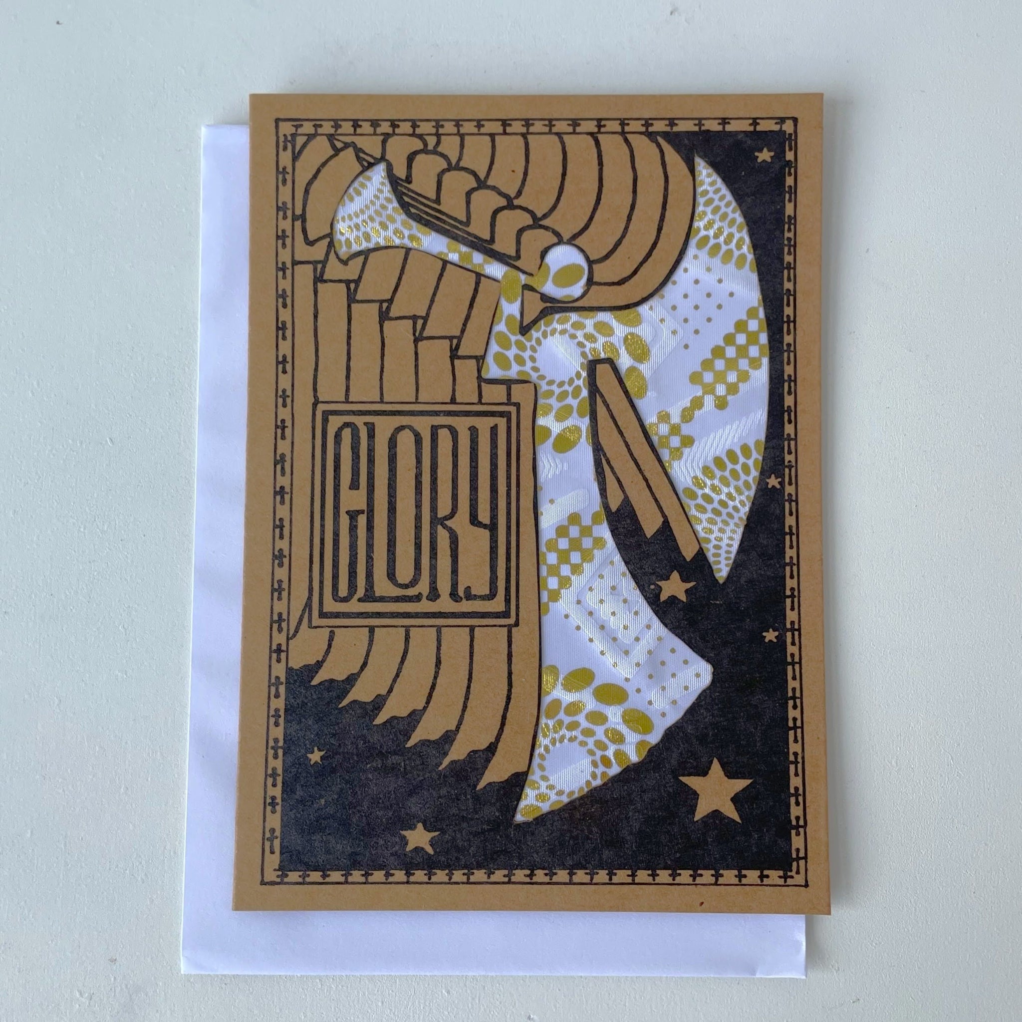 Greeting card with angel design and 'Glory' text on a plain background