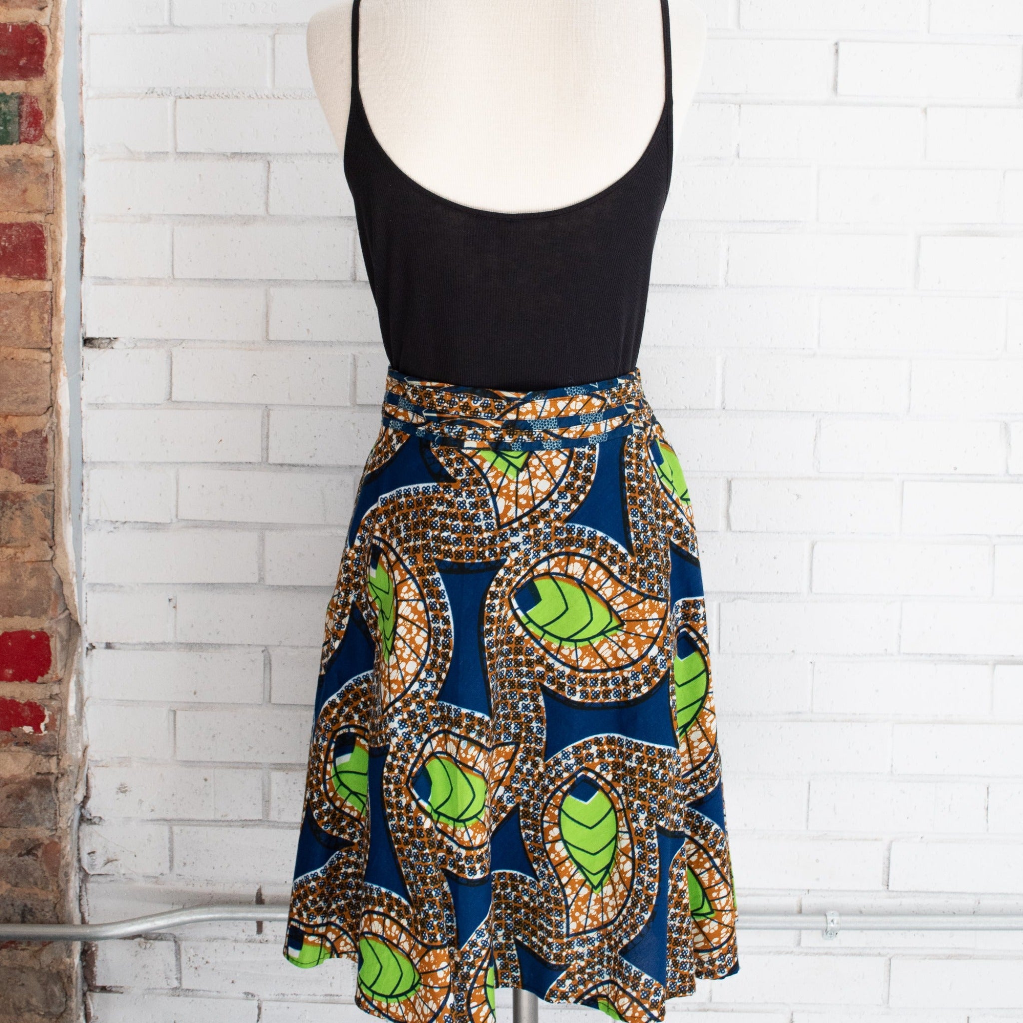 One-of-a-kind handmade kitenge skirt fashioned by refugee women in East Africa