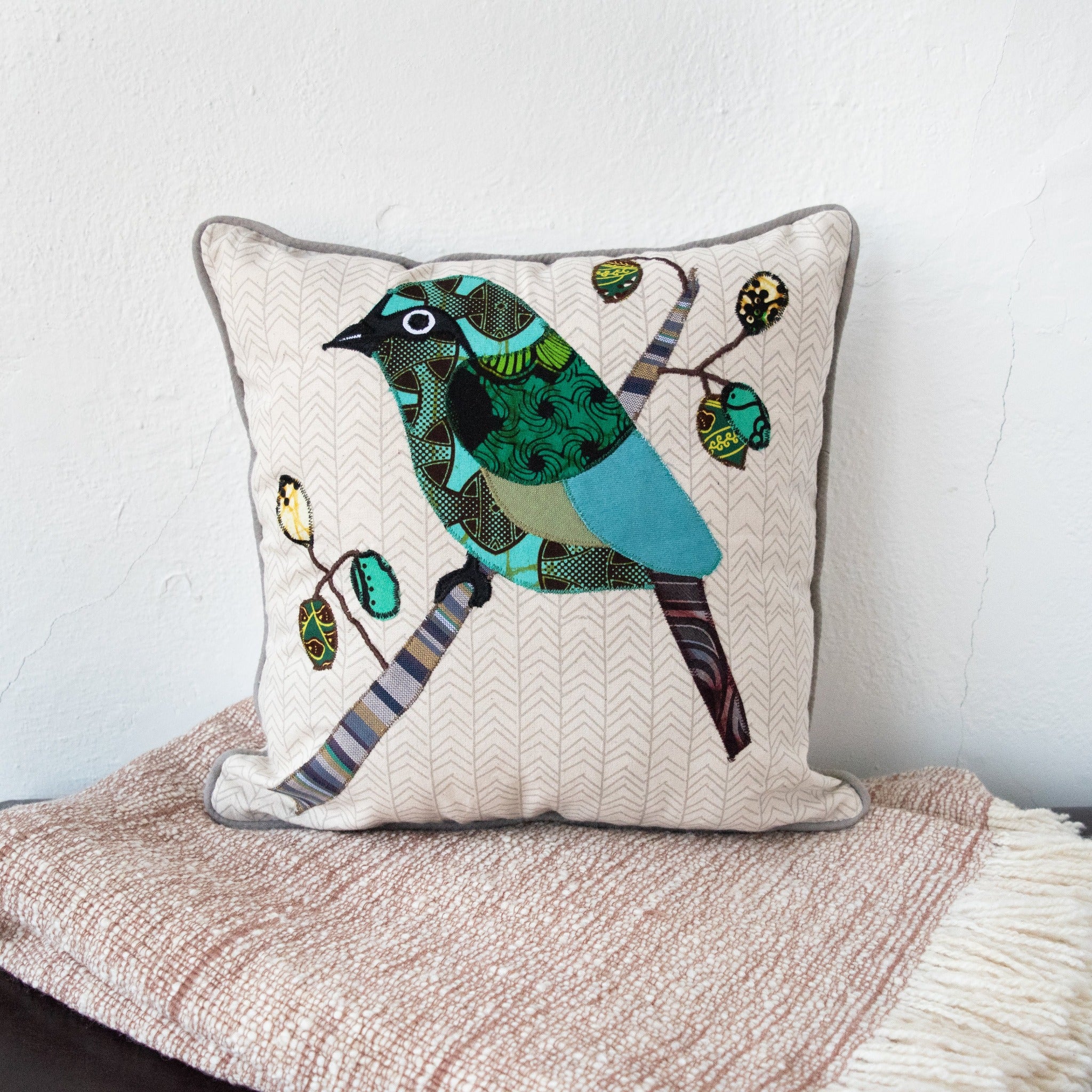 Bird Pillow - Kenyan materials and design for a fair trade boutique