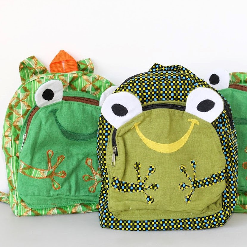 Kitenge frog backpack hand made from African materials by refugee women