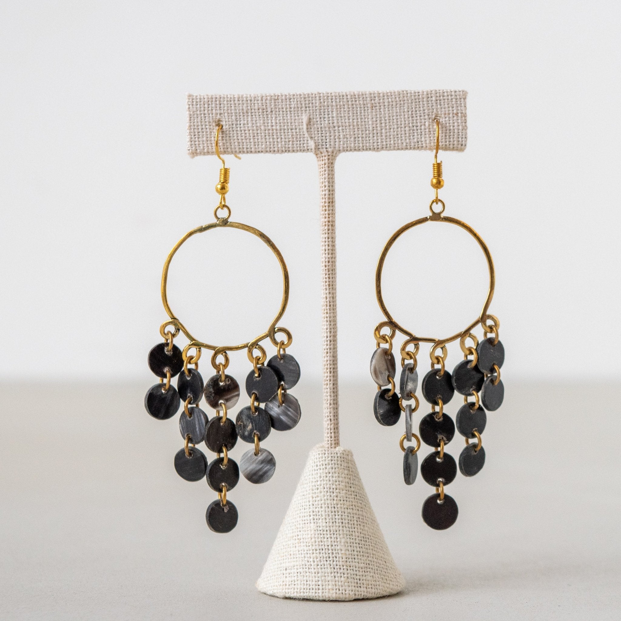 Brass and Horn Chandelier Earrings- handmade by Kenyan market artisans for a Fair Trade boutique