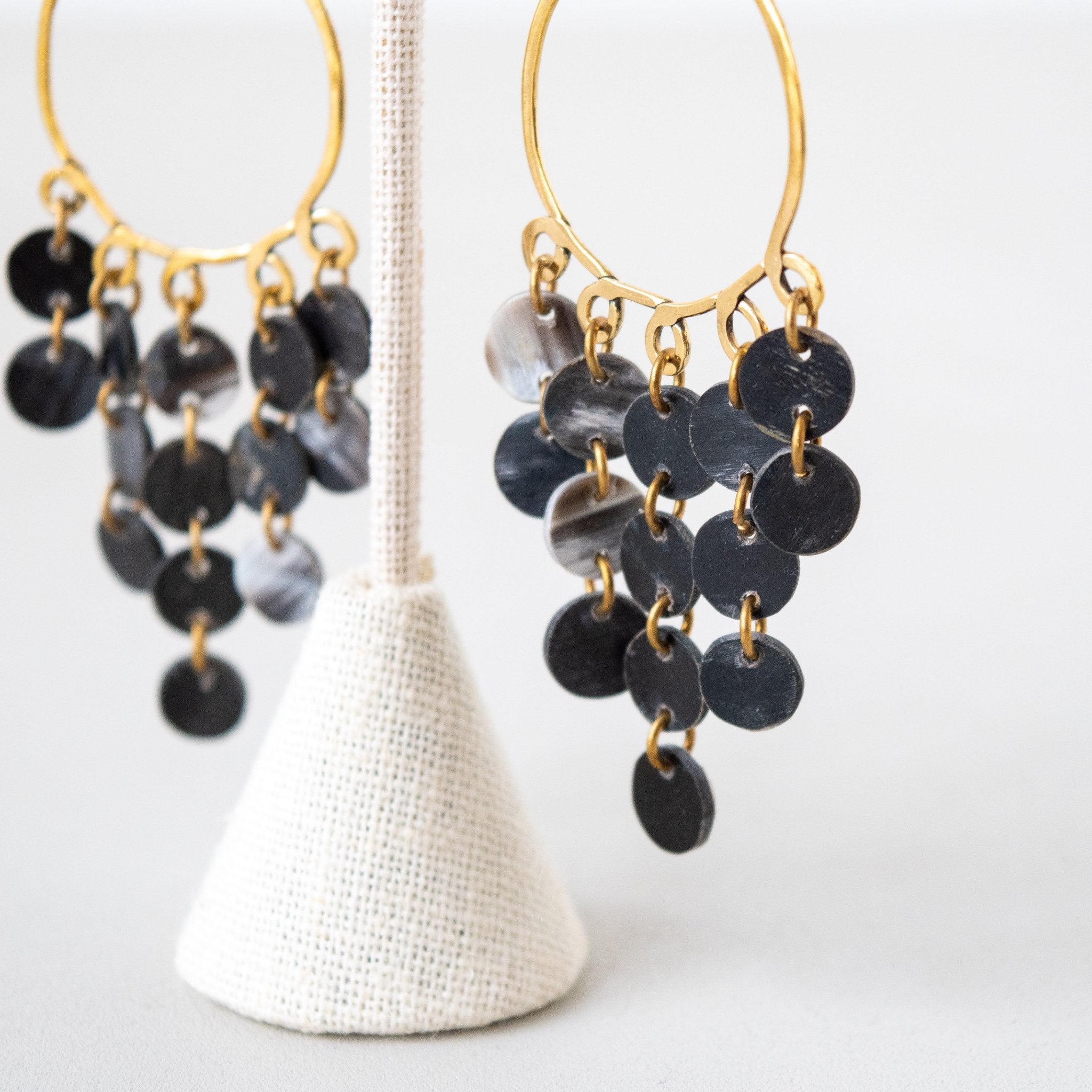 Brass and Horn Chandelier Earrings- handmade by Kenyan market artisans for a Fair Trade boutique