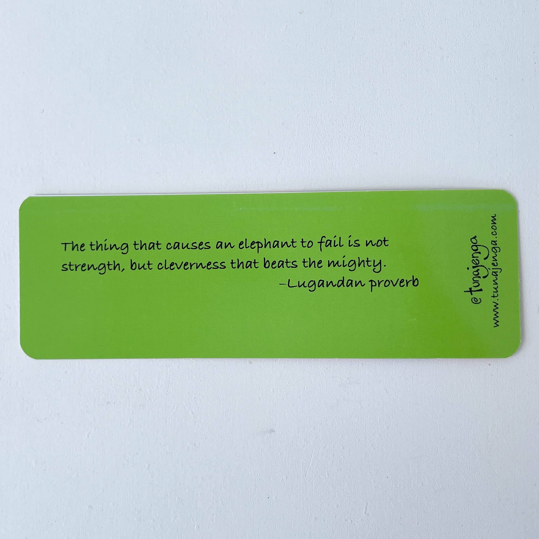 Green bookmark with a Lugandan proverb on a white background