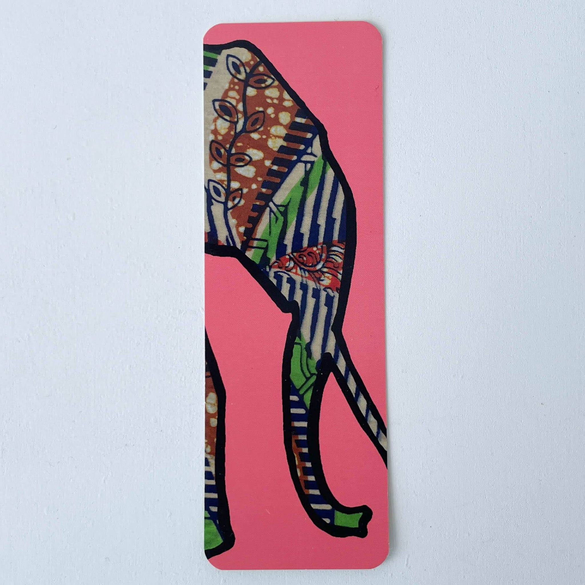 Colorful elephant design bookmark on a pink background