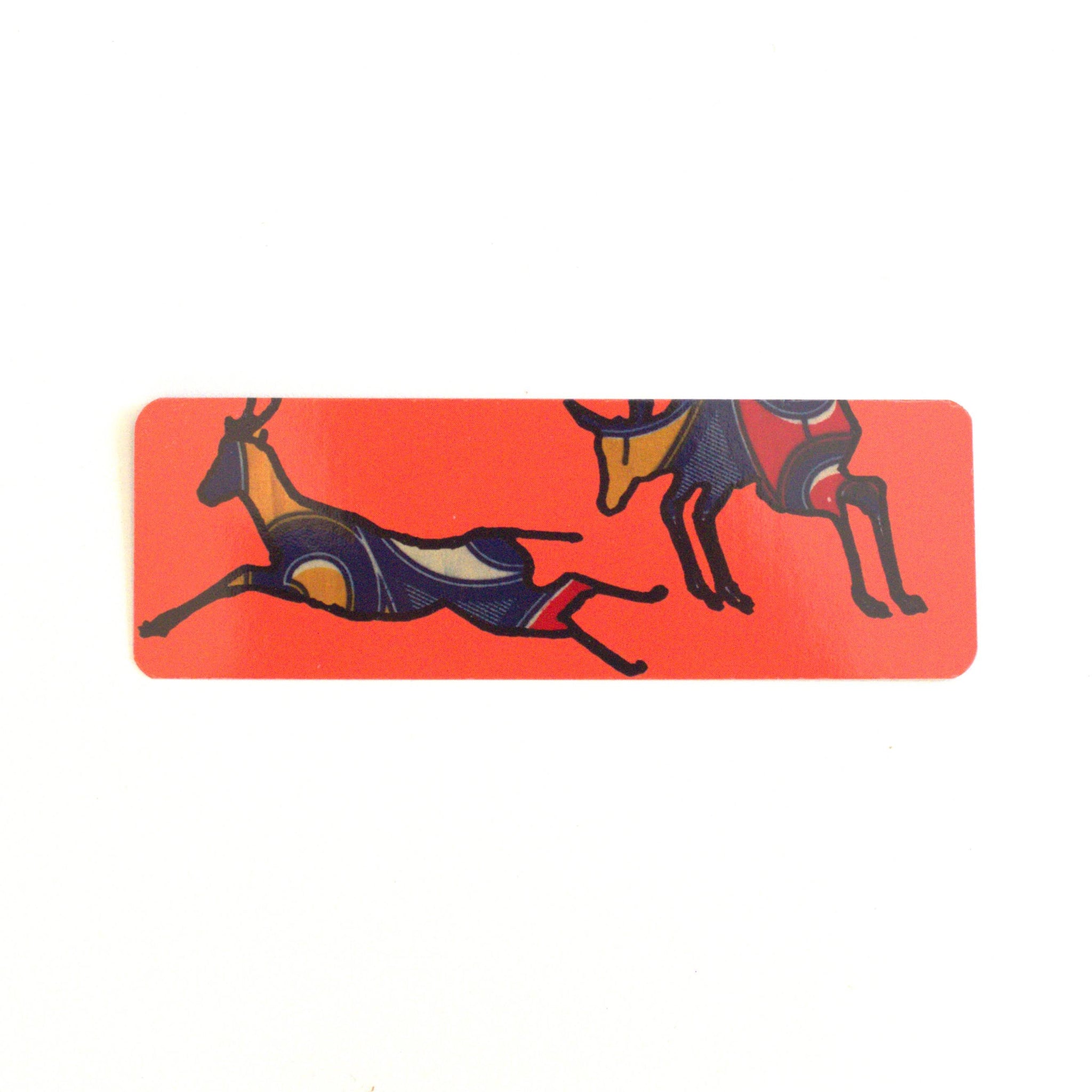 Rectangular bookmark with gazelle illustrations on a red background