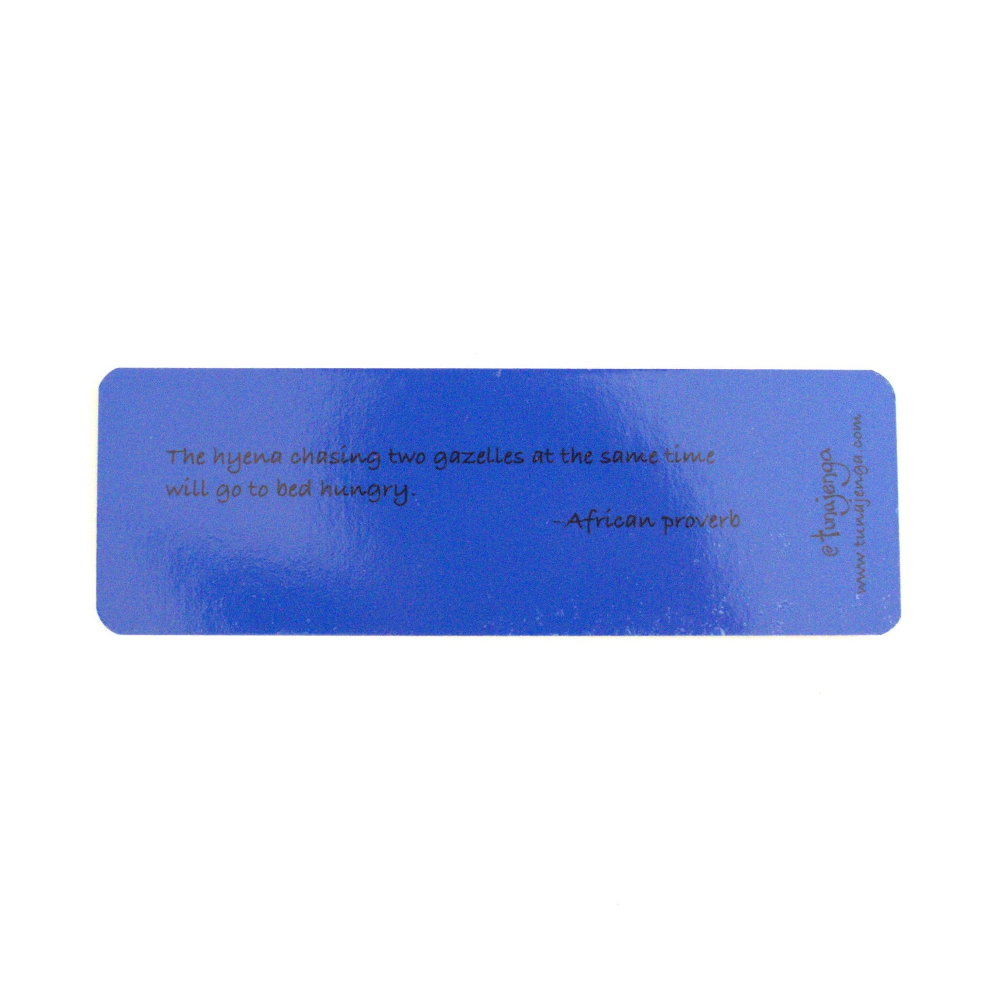 Blue bookmark with text on a white background