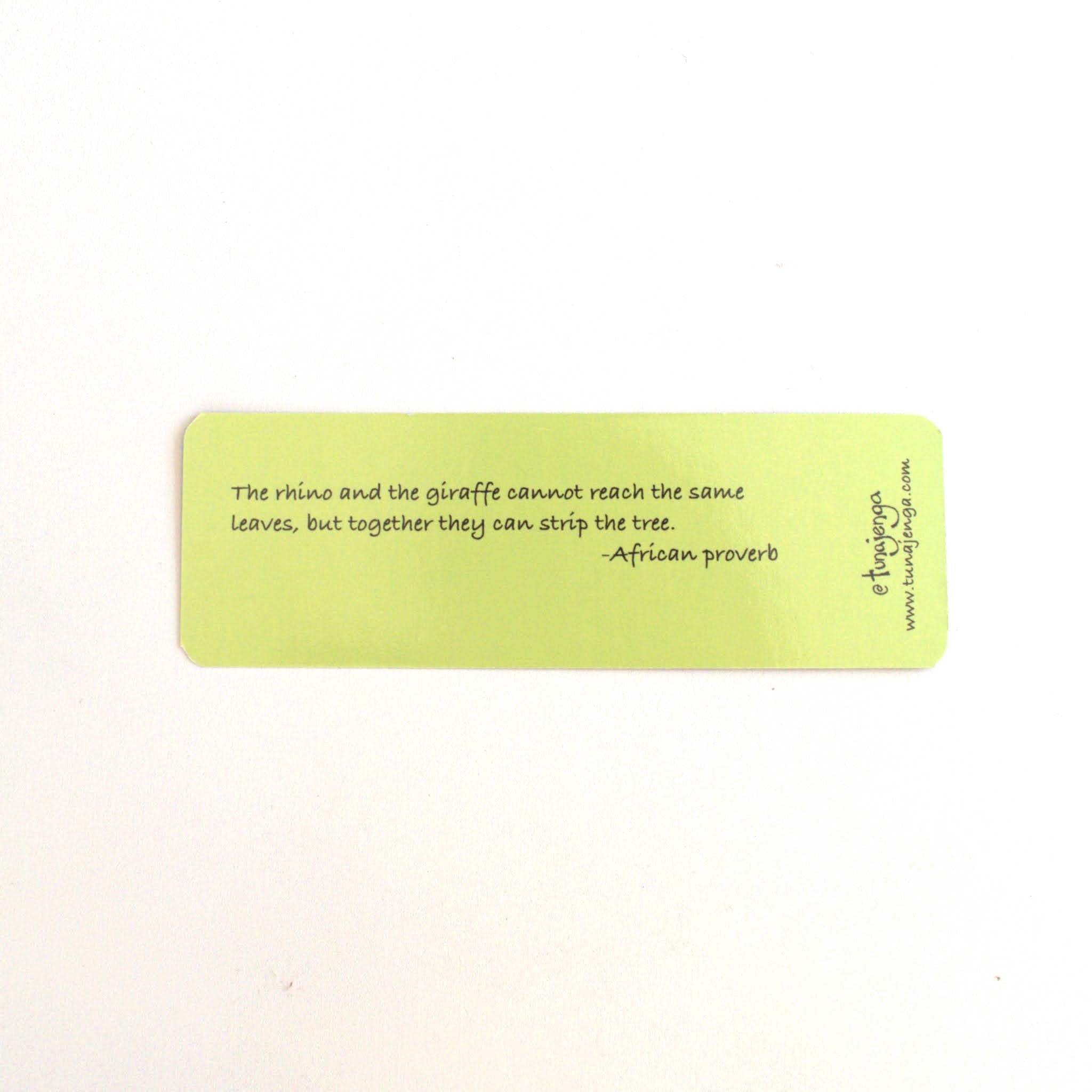 Yellow bookmark with an African proverb on a white background