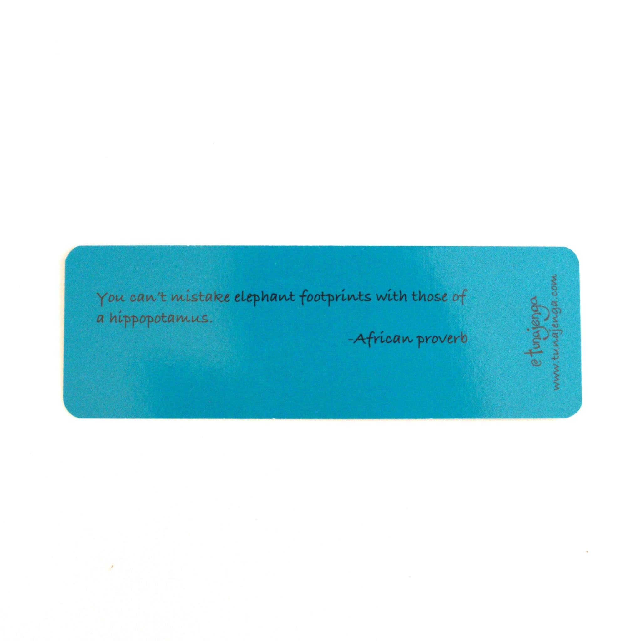 Blue bookmark with text on a white background