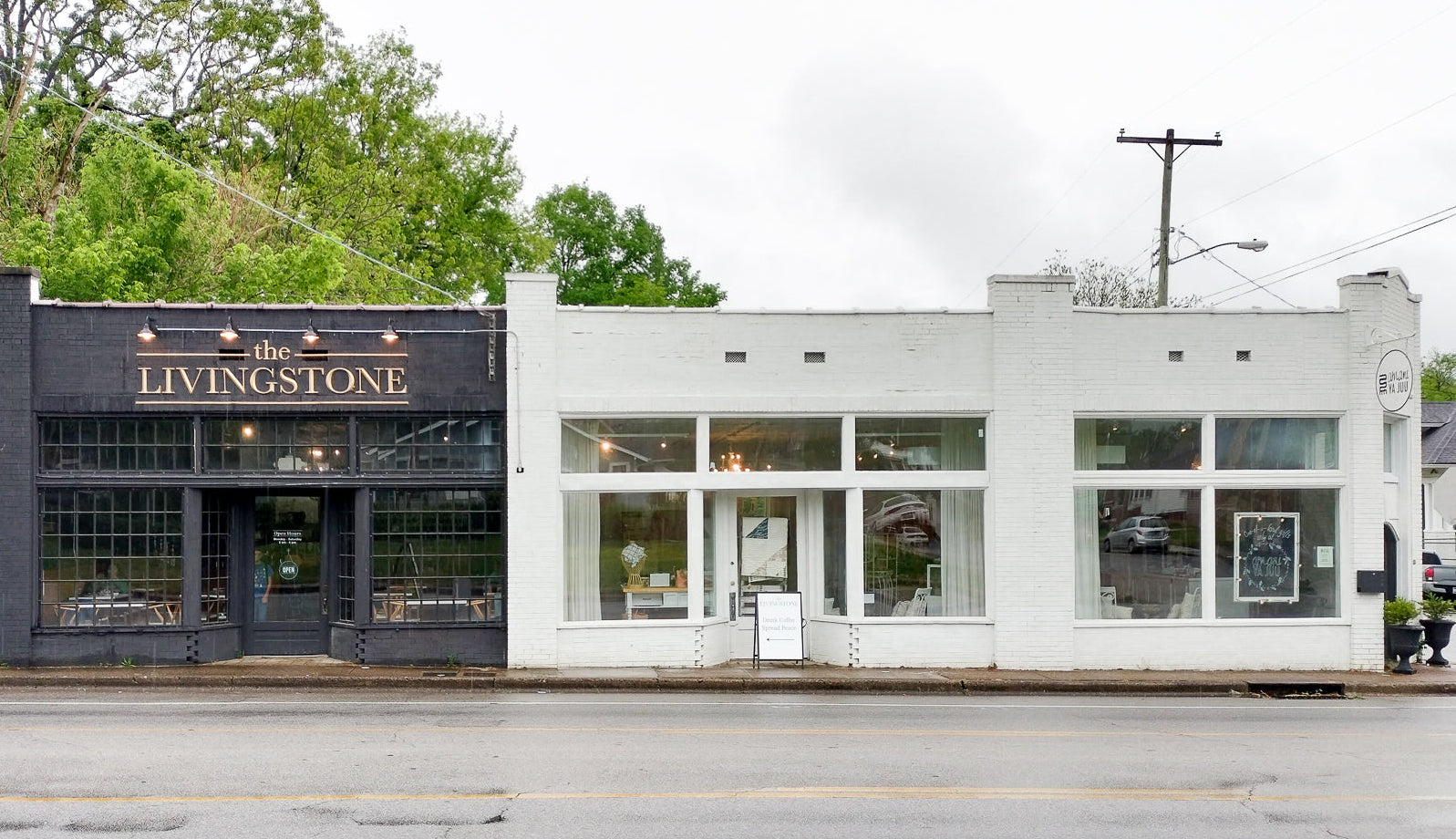 Two adjacent buildings, one labeled 'Livingstone', on a street corner with trees in the background.