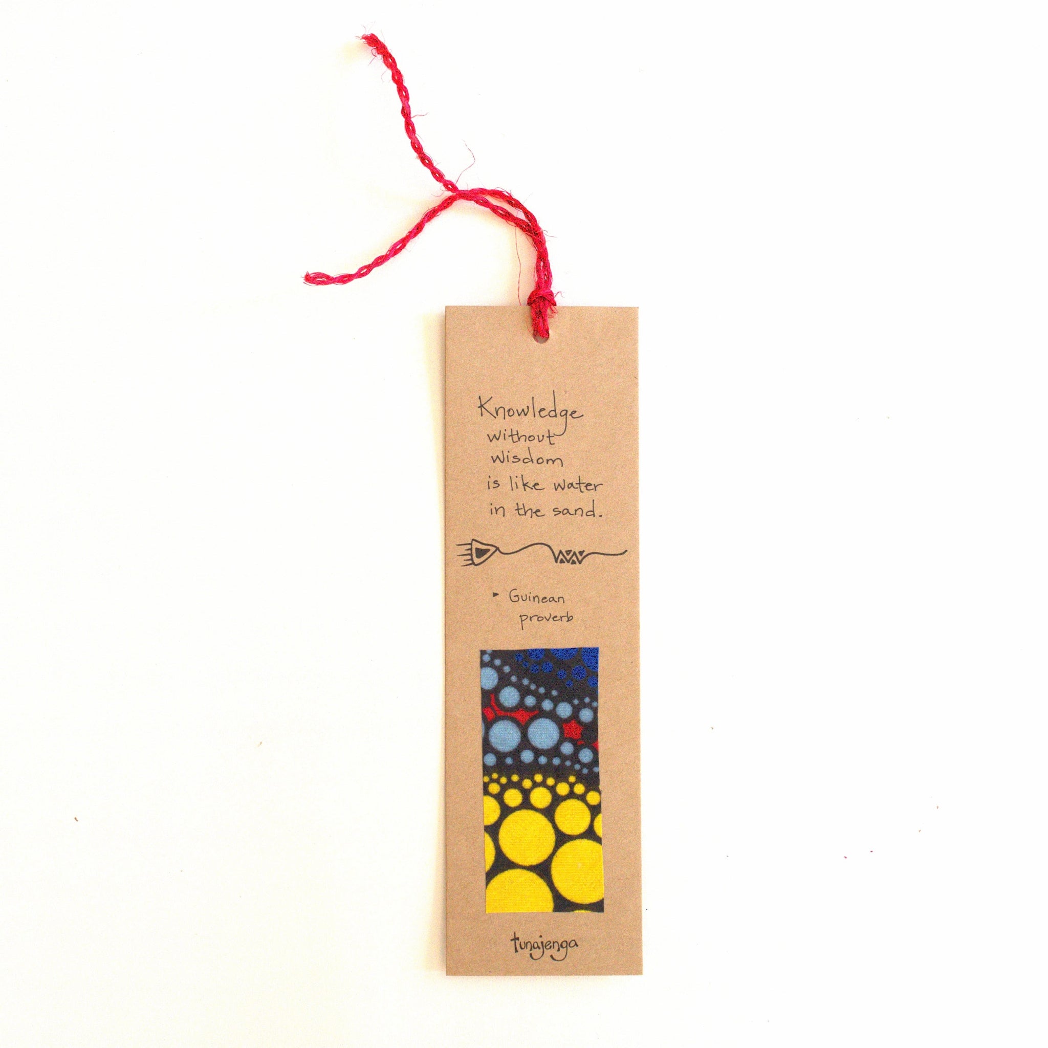 Bookmark with colorful design and text on a white background