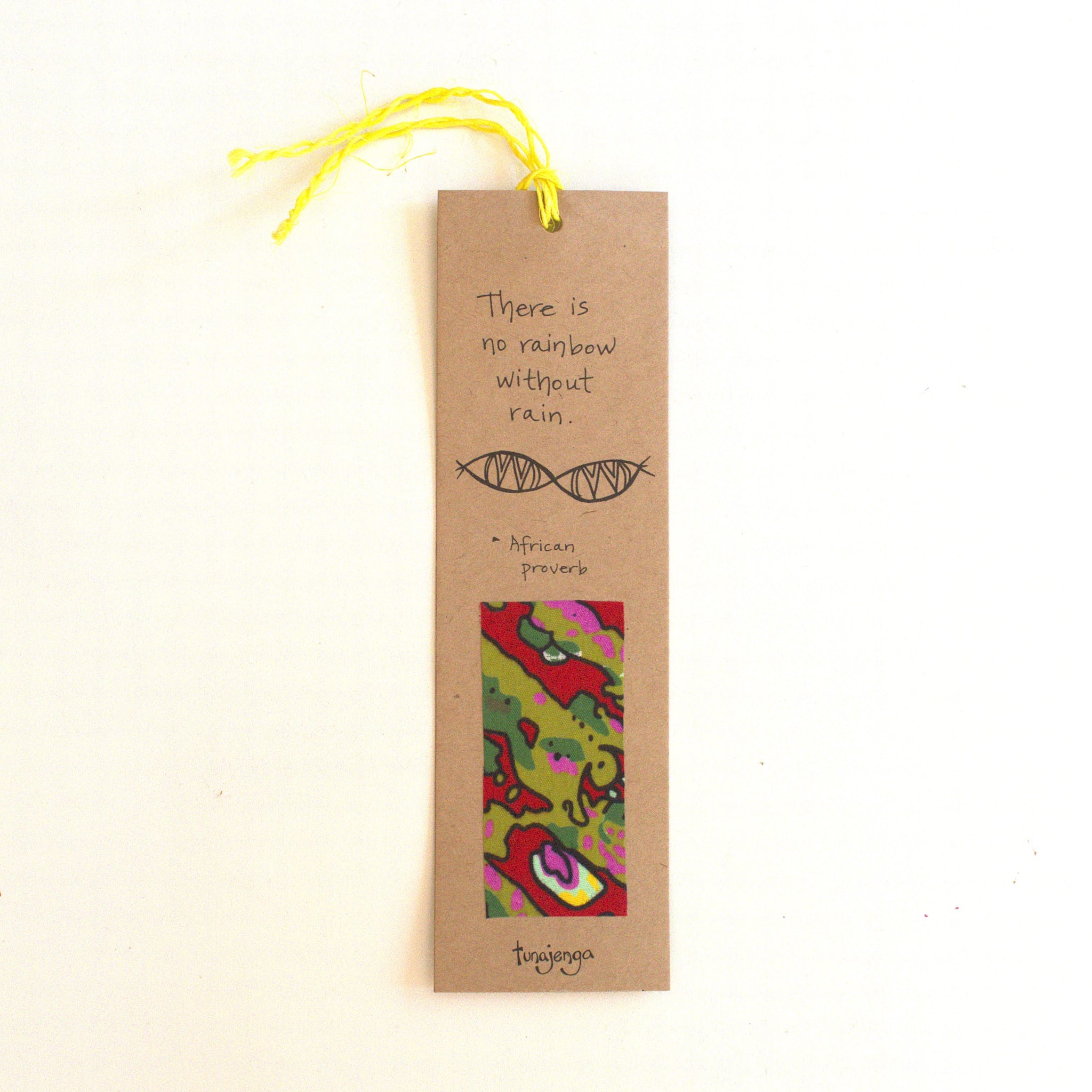 Bookmark with colorful design and text on a white background