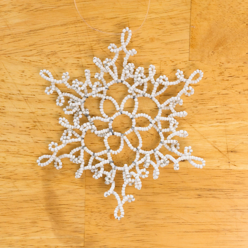 White Beaded Snowflake Ornament - Kenyan materials and design for a fair trade boutique