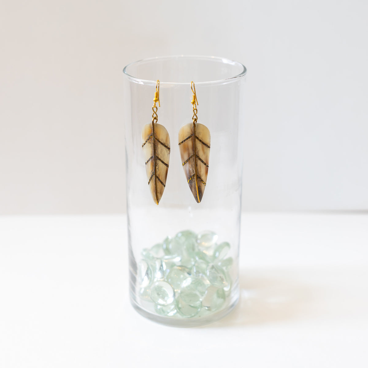 Long light horn and brass earrings hanging from a clear glass on a white background