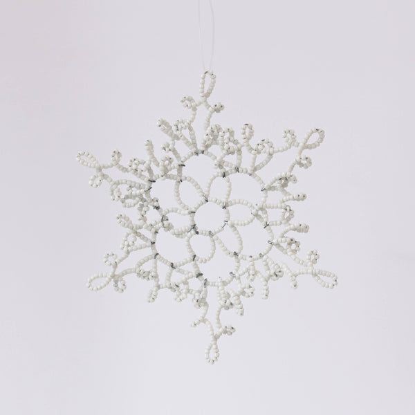 White Beaded Snowflake Ornament - Kenyan materials and design for a fair trade boutique