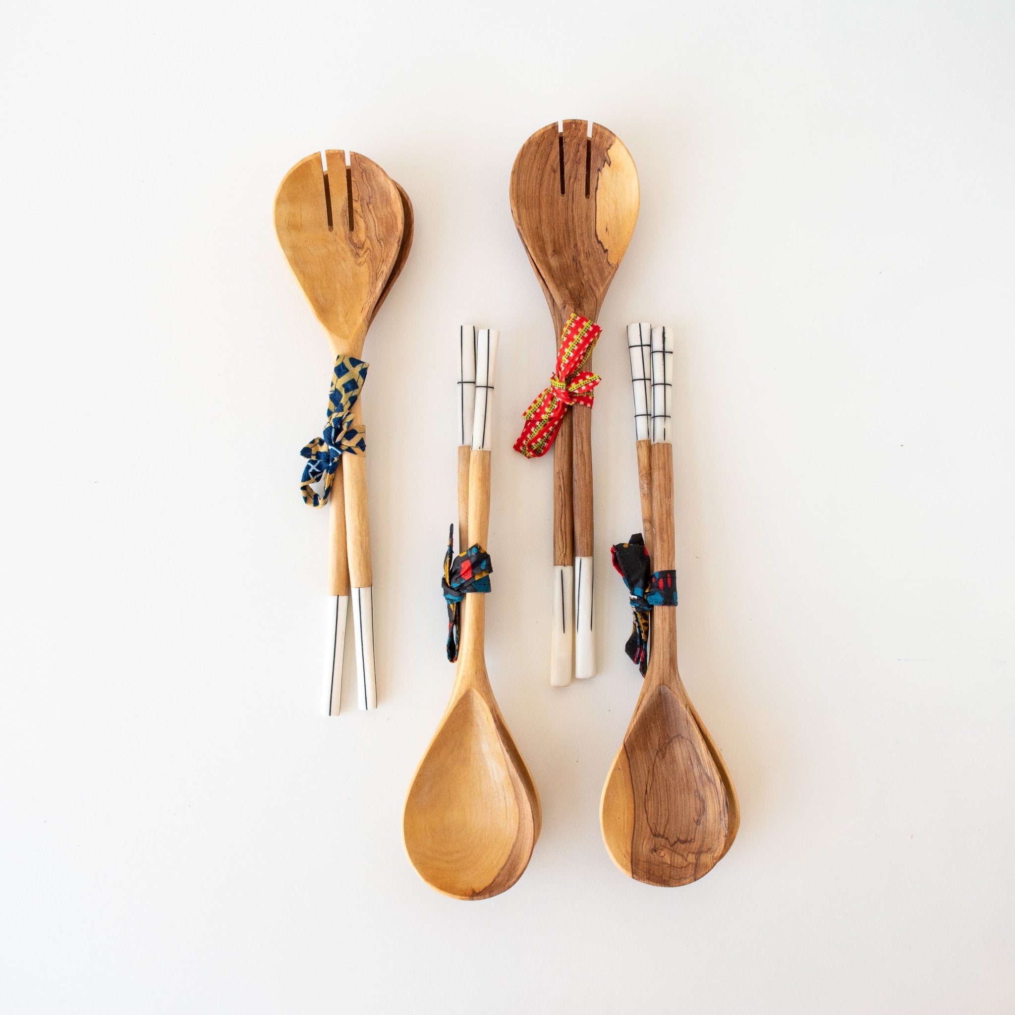 Olivewood salad serving spoon set with bone handles handmade by African artisans in Kenya