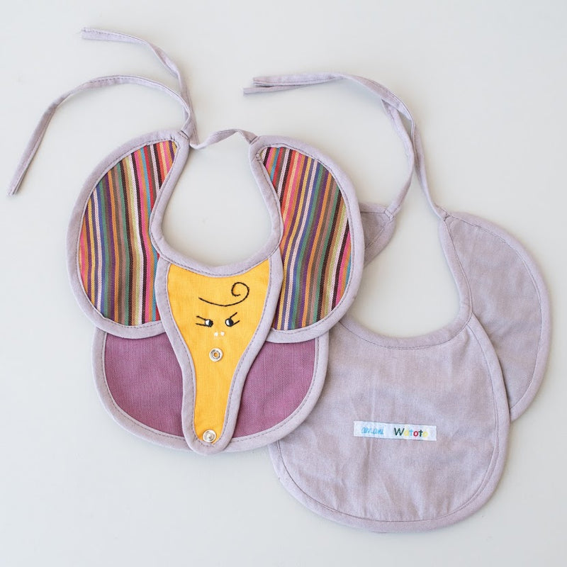 Elephant baby bib hand made from kikoy and other African fabrics by refugee women in Kenya