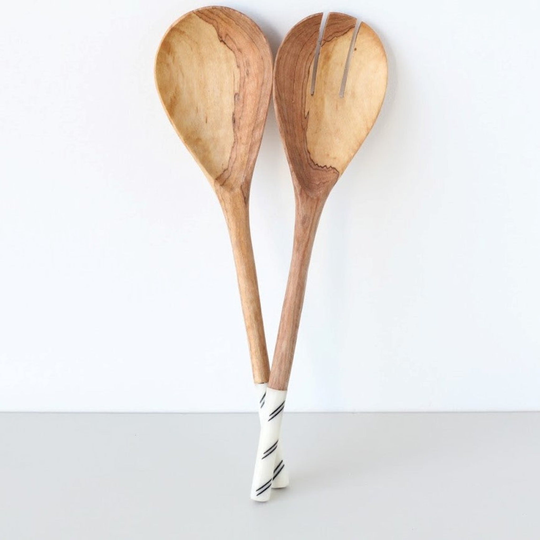 Olivewood salad serving spoon set with bone handles handmade by African artisans in Kenya