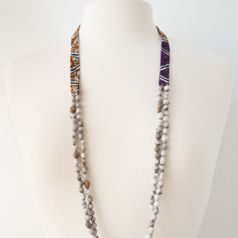 Grey Seed and Kitenge Strand Necklace - Kenyan materials and design for a fair trade boutique