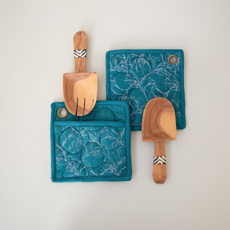 Screen Print Pot Holder and Spoon Set - handmade using local Kenyan materials by the women of Amani for a Fair Trade boutique