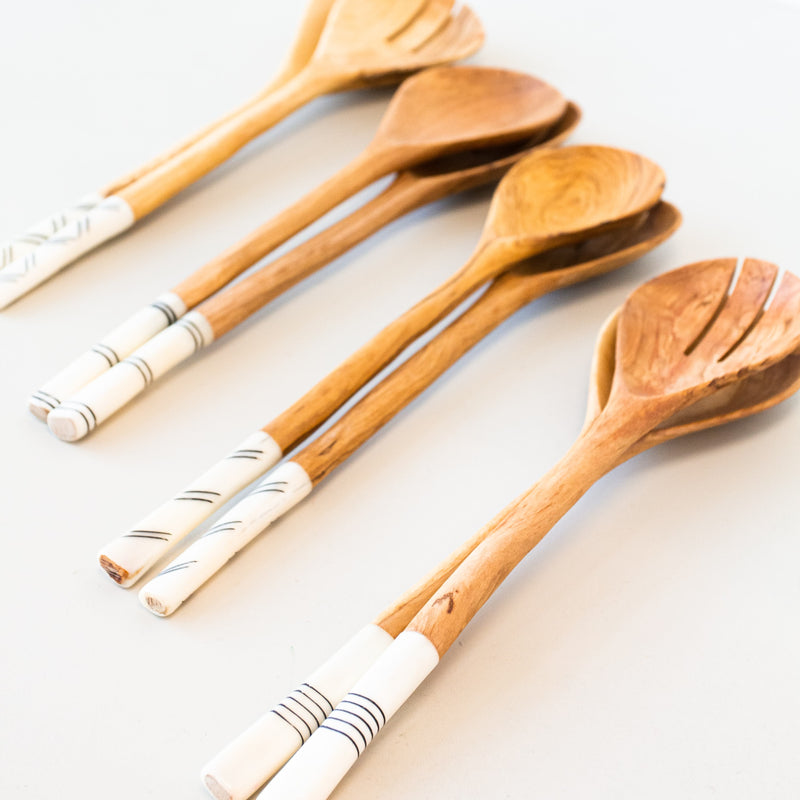 Olivewood salad serving spoon set with bone handles handmade by African artisans in Kenya
