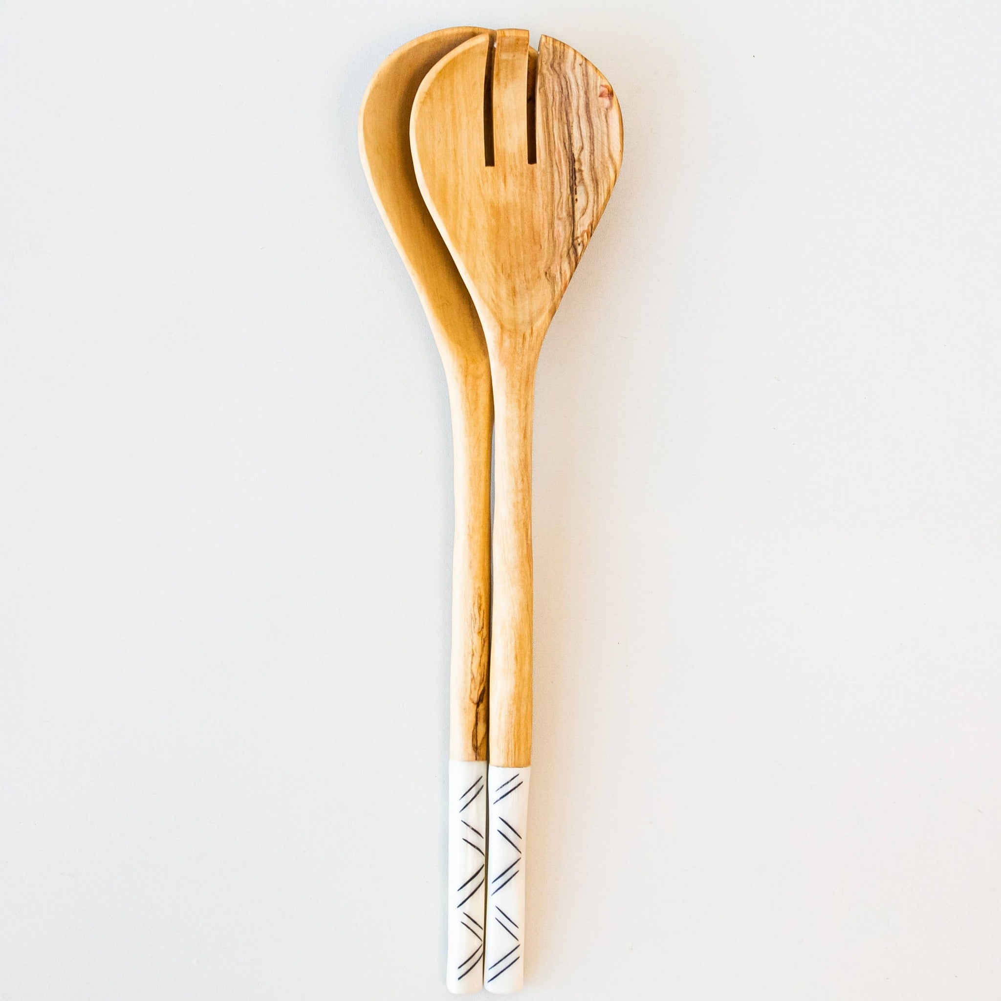 Olivewood salad serving spoon set with bone handles handmade by African artisans in Kenya