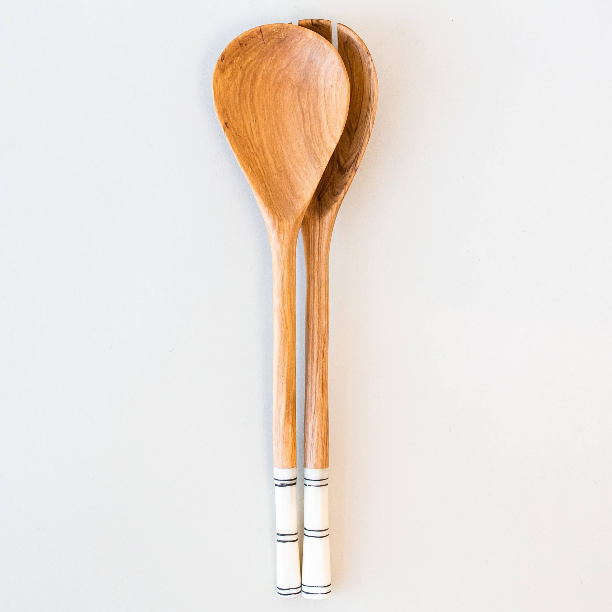 Olivewood salad serving spoon set with bone handles handmade by African artisans in Kenya