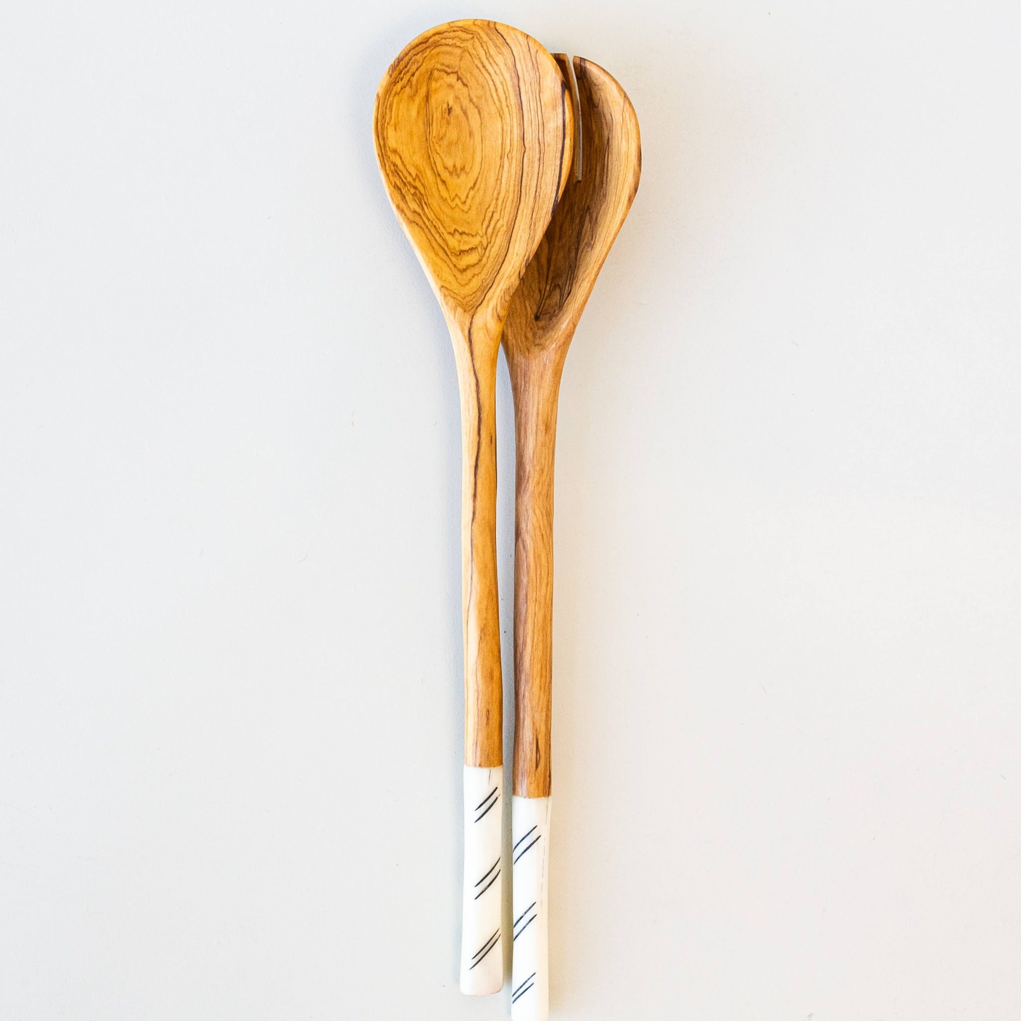 Olivewood salad serving spoon set with bone handles handmade by African artisans in Kenya