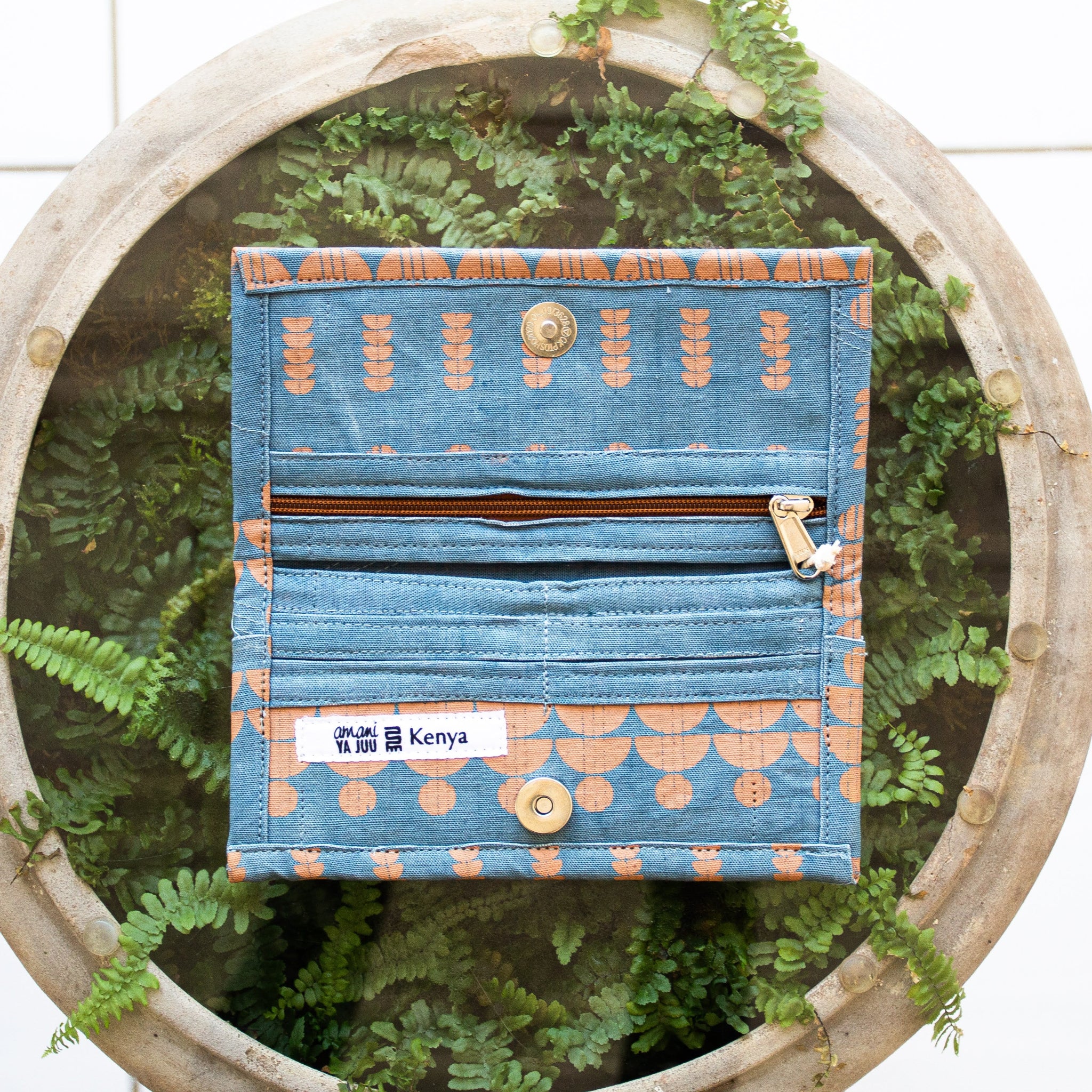 African screen print folding wallet hand made by refugee women in Kenyan fair trade social enterprise