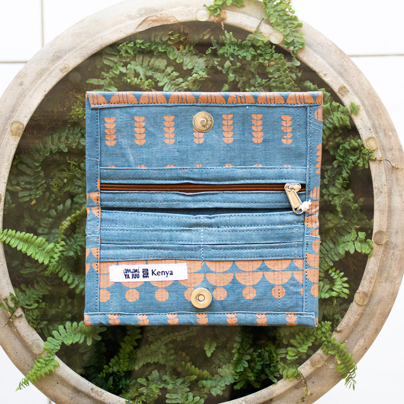 African screen print folding wallet hand made by refugee women in Kenyan fair trade organization