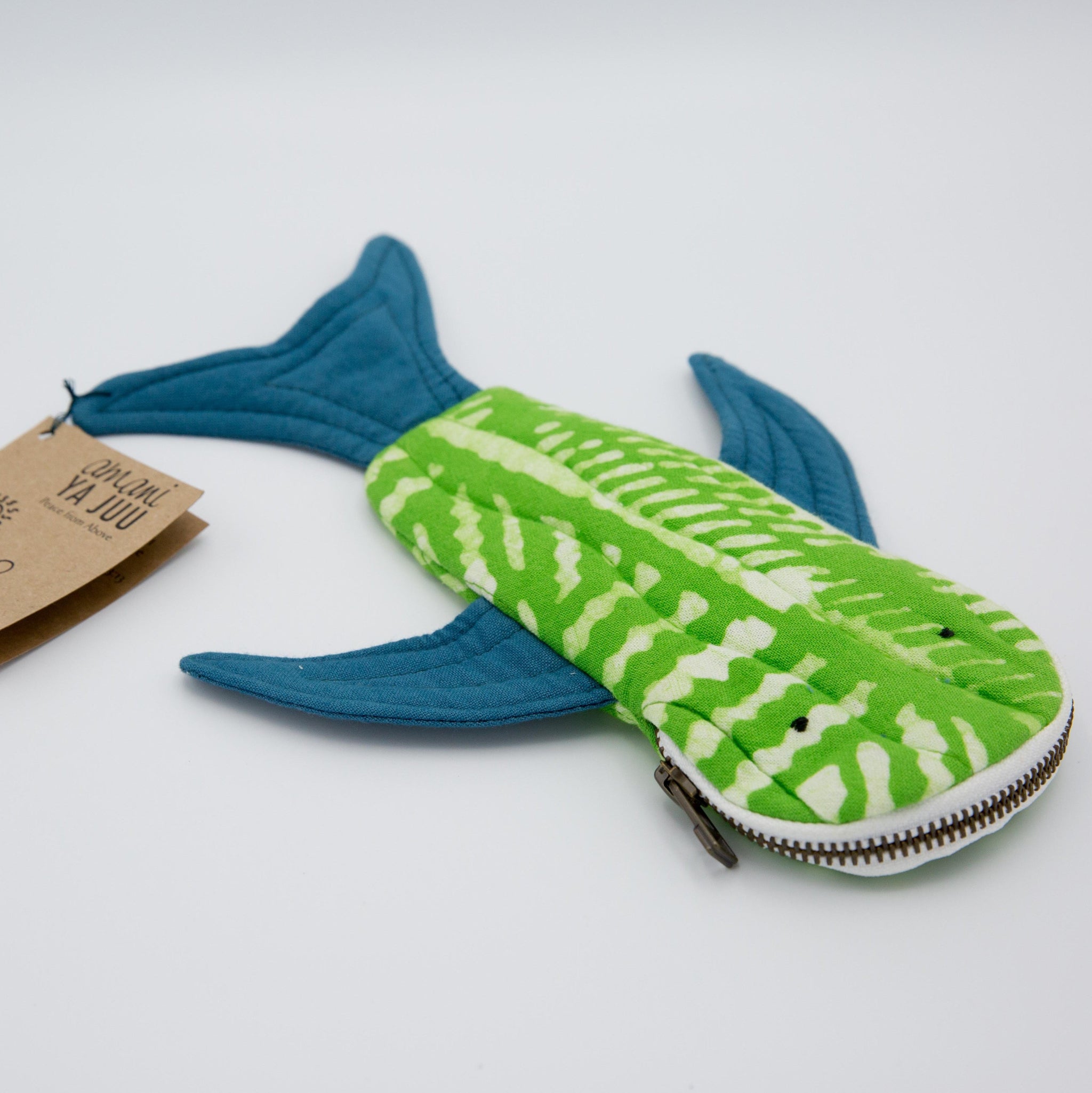 Green and blue shark pencil case with zippered mouth.