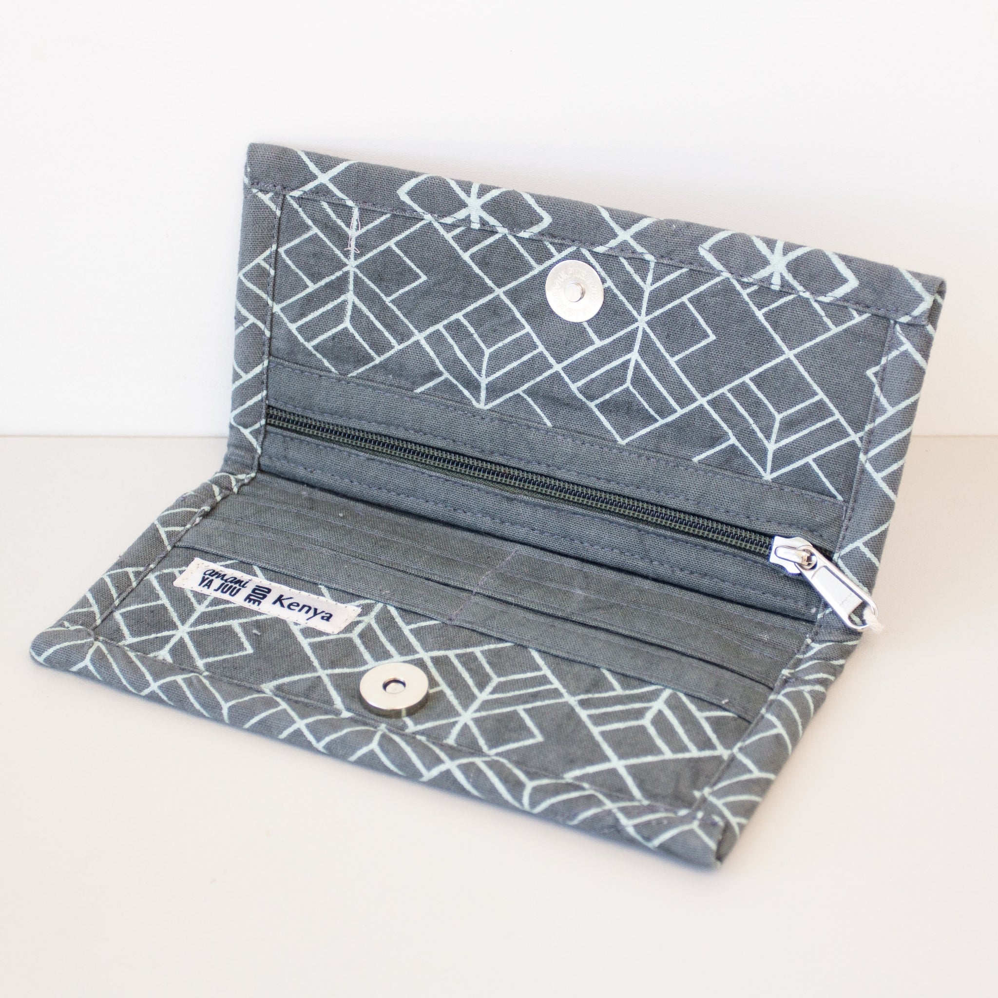 African screen print folding wallet hand made by refugee women in Kenyan fair trade social enterprise